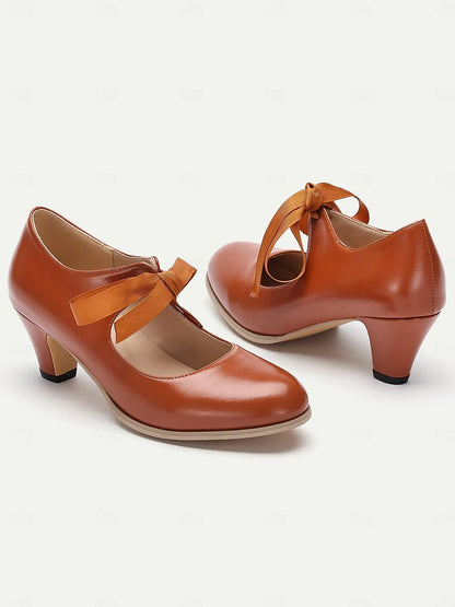 Women's Vintage Mary Jane Heels with Ribbon Bow - Retro-Inspired Block Heel Dress Shoes for Casual and Special Occasions