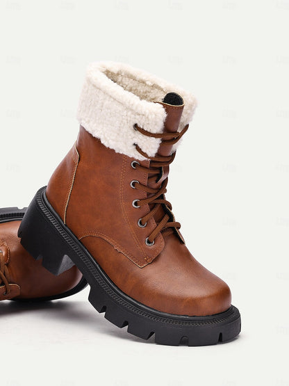 Women's Brown Winter Ankle Boots with Faux Fur Lining-Warm Lace-Up Combat Boots for Casual Outdoor Wear