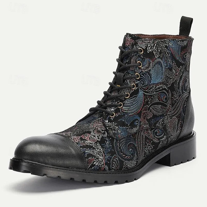 Men's Black Premium Cowhide Lace-Up Boots with Multicolored Patterns and Rugged Sole