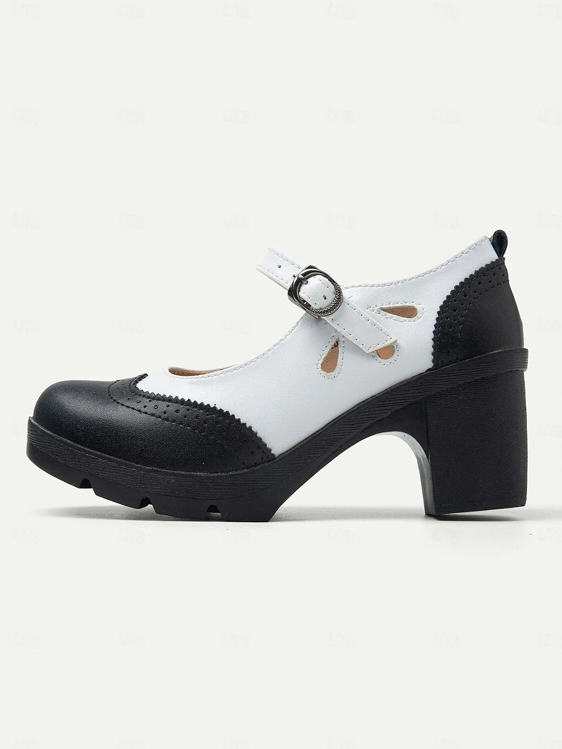 Women's Vintage Black and White Mary Jane Chunky Heel Shoes - Retro Brogue Style for Office and Casual Wear