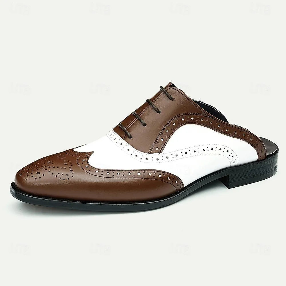 Men's Vintage Brown & White Leather Brogue Mules - Tokiyos