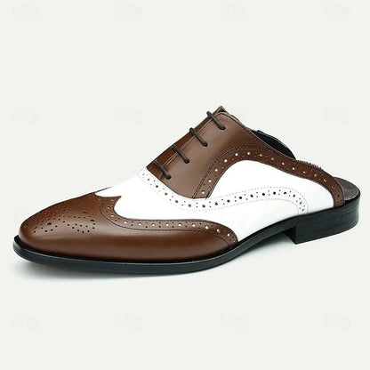 Men's Vintage Brown & White Leather Brogue Mules - Tokiyos