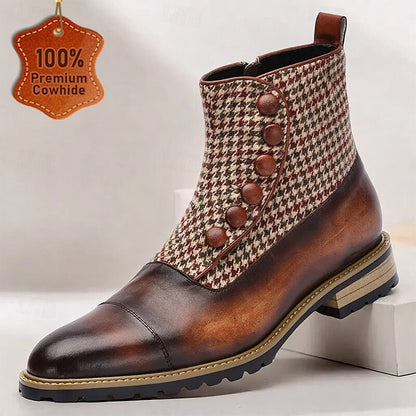 Men's Houndstooth Tweed and Leather Ankle Boots with Button-Up Detail