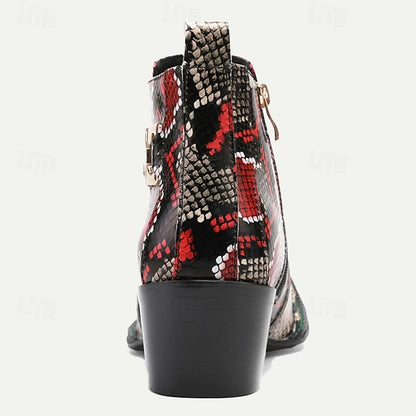 Men's Snake Print Leather Ankle Boots Premium Cowhide Red and Black Exotic Design