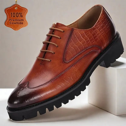 Men's Premium Cowhide Leather Oxford Shoes with Embossed Crocodile Pattern and Rugged Sole - Brown Lace-Up Dress Shoes