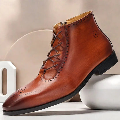 Men's Brown Lace-Up Ankle Boots with Brogue Detailing Premium Cowhide Leather