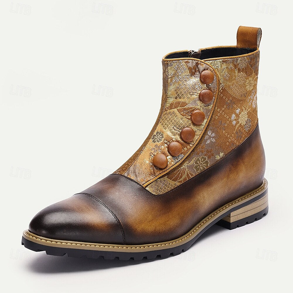 Men's Vintage Cowhide Leather Floral Brocade Ankle Boots with Button-Up Detail