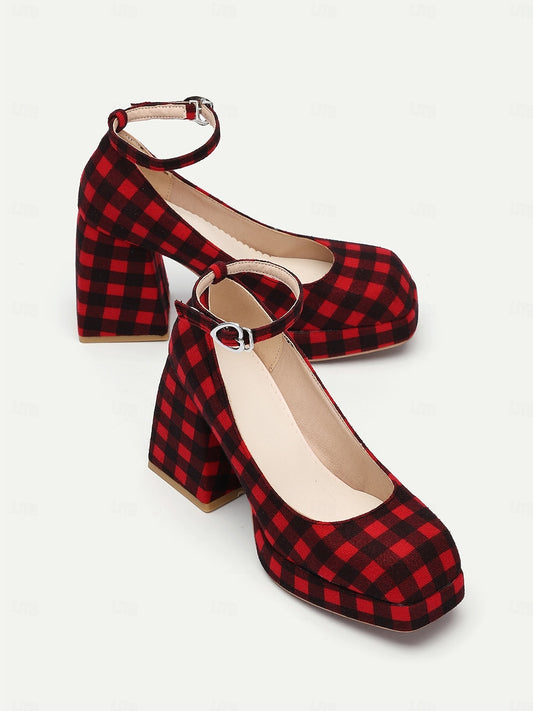 Women's Red Plaid Block Heel Mary Jane Shoes with Ankle Strap, Vintage Style