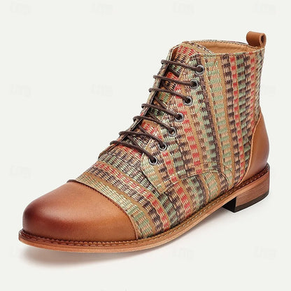 Men's Premium Woven Fabric and Leather Lace-Up Boots with Multicolor Pattern and Leather Toe Cap