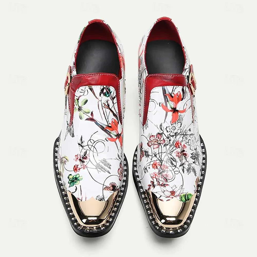 Men's Floral Print Loafers - Fashionable Slip-On Dress Shoes with Red Accents and Metallic Toe Cap - Tokiyos