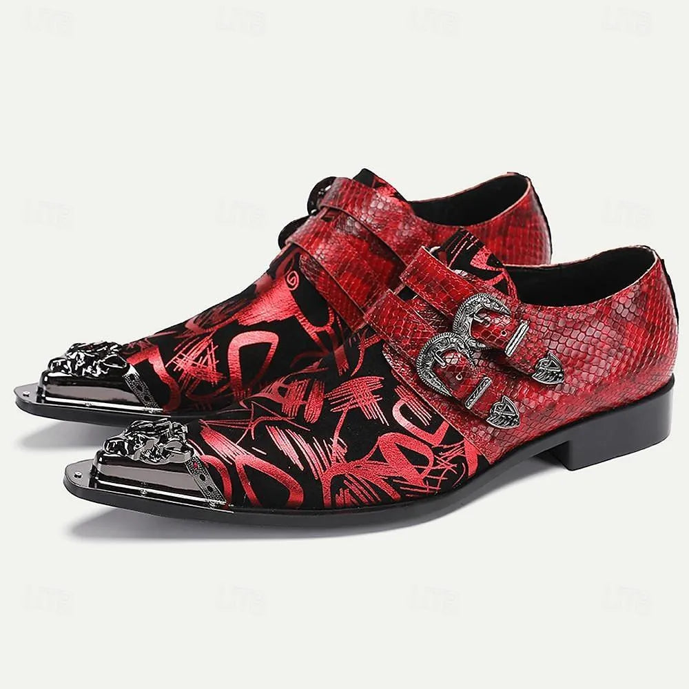 Men's Red Leather Dress Shoes with Graphic Print and Double Buckles - Bold Formal Footwear - Tokiyos