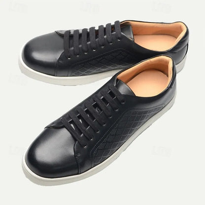 Men's Black Leather Sneakers with Mesh Panel Design - Casual Lace-Up Low-Top Shoes for Everyday Wear