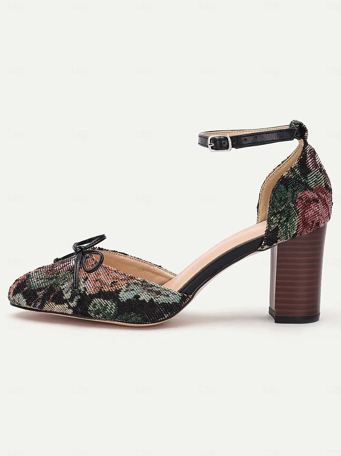 Women's Floral Jacquard Ankle Strap Heels with Block Heel and Bow Detail