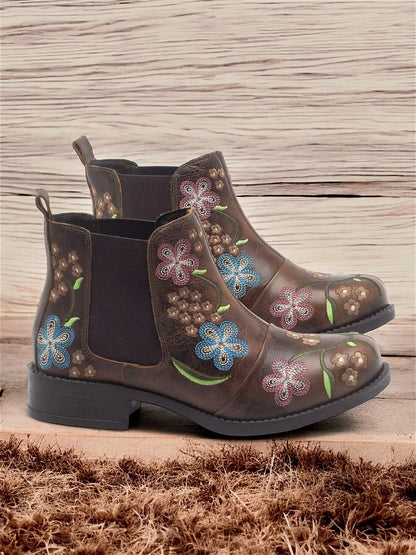 Women's Brown Chelsea Boots with Floral Embroidery and Rugged Sole