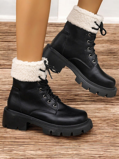 Women's Brown Winter Ankle Boots with Faux Fur Lining-Warm Lace-Up Combat Boots for Casual Outdoor Wear