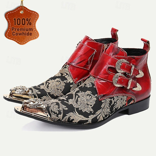 Men's Floral Jacquard Leather Ankle Boots Premium Cowhide