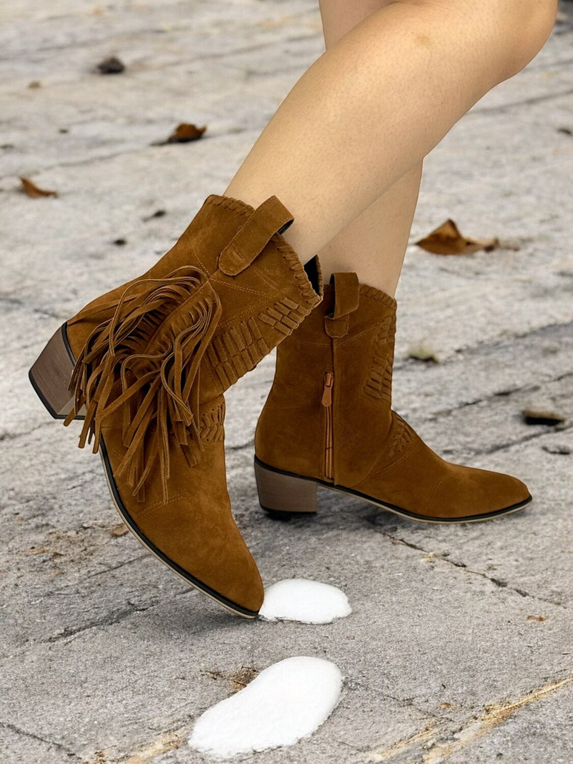 Women's Faux Suede Fringe Western Cowboy Boots Vintage-Style Ankle Boots for Festivals and Riding