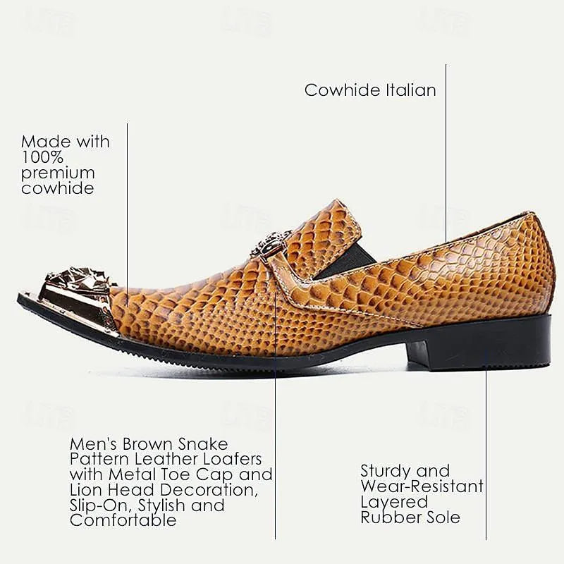 Men's Brown Snake Print Leather Dress Shoes with Metal Accents - Tokiyos