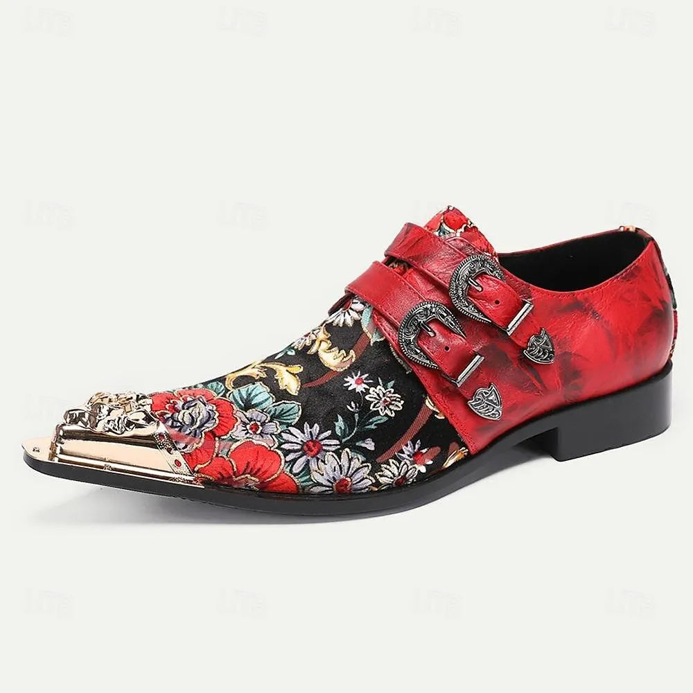 Men's Red Floral Embroidered Monk Strap Shoes Gold Lion Head Buckles - Tokiyos