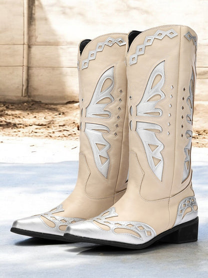 Women's Beige and Silver Western Cowboy Boots with Intricate Butterfly Design – Faux Leather Boots for Rodeo, Country, and Casual Wear