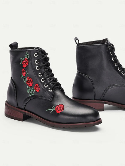 Women's Rose Embroidered Black Ankle Boots - Fashionable and Comfortable Footwear for Everyday Wear, Parties, and Outdoor Activities