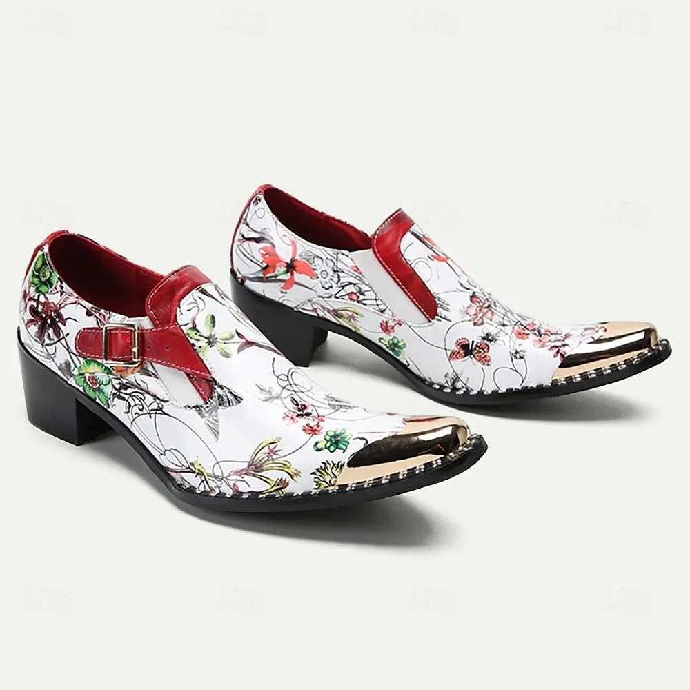 Men's Floral Print Loafers - Fashionable Slip-On Dress Shoes with Red Accents and Metallic Toe Cap - Tokiyos