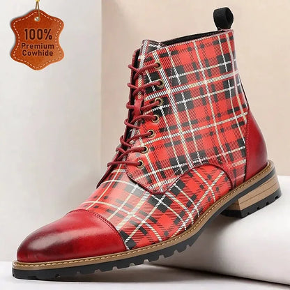 Men's Premium Cowhide Tartan Plaid Ankle Boots - Vintage Lace-Up Leather Boots with Rugged Sole for Casual and Formal Wear