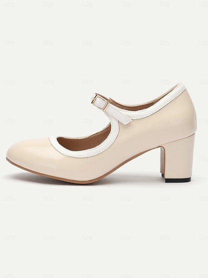 Women's Cream Vintage Mary Jane Block Heel Shoes with Adjustable Strap