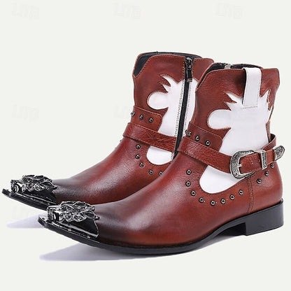 Men's Brown and White Premium Cowhide Motorcycle Boots with Western Style, Metal Dragon Toe Cap, and Buckle Strap - Ideal for Riding and Cowboy-Inspired Fashion