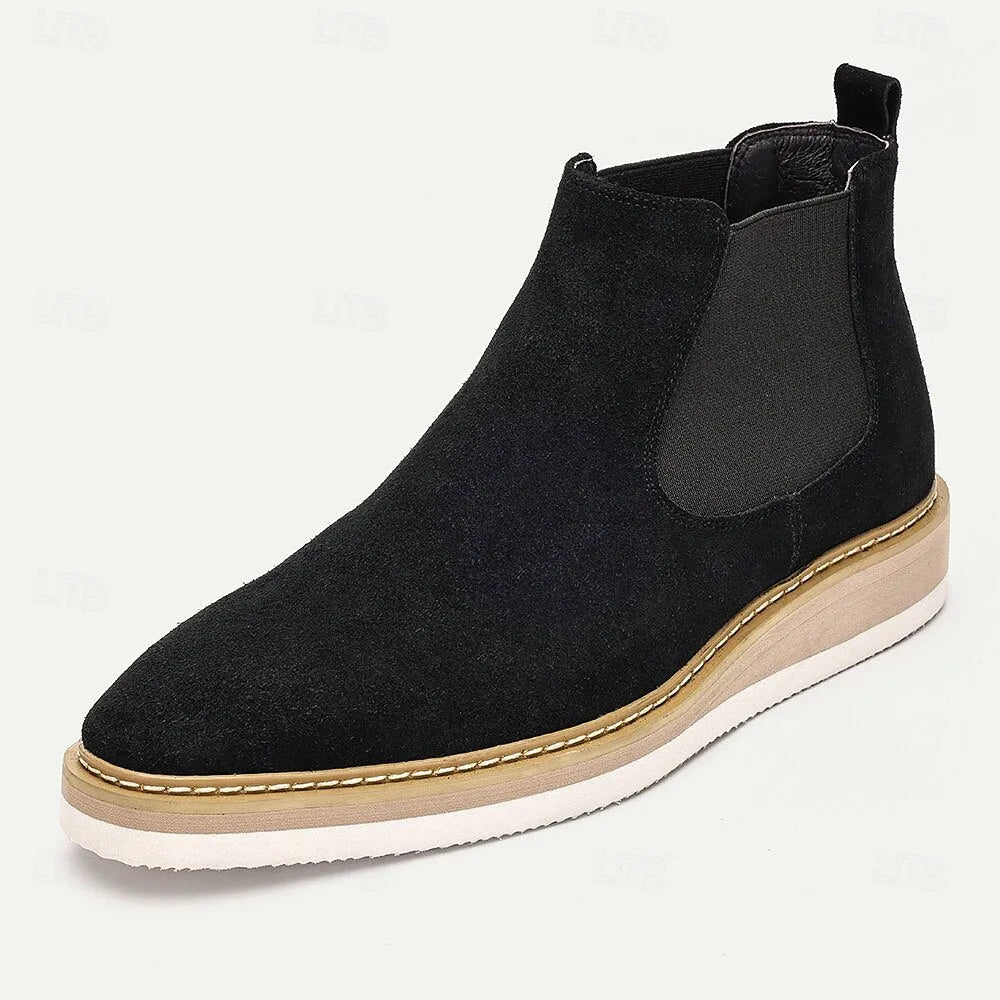 Men's Premium Cowhide Black Suede Chelsea Boots with Contrast Sole and Elastic Side Panels