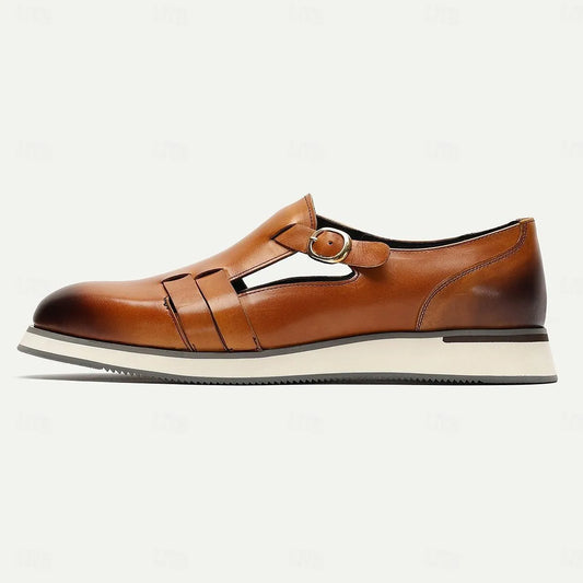 Men's Modern Brown Leather Monk Strap Shoes: Sleek Design with Contrast Sole - Tokiyos