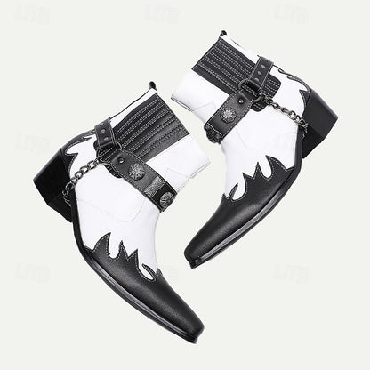 Men's Premium Cowhide Black and White Motorcycle Boots with Studded Strap, Chain Detail, and Western Style - Perfect for Riding and Casual Wear