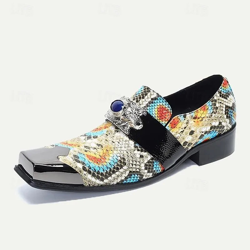 Men's Multicolor Metallic Snakeskin Loafers with Dragon Buckle and Jewel Detail - Tokiyos