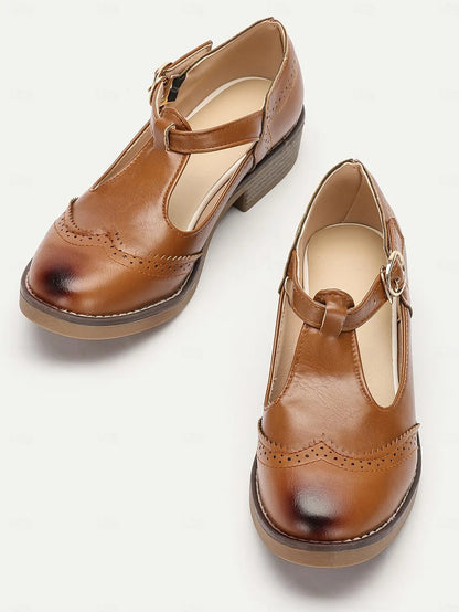 Women's Brown T-Bar Mary Jane Shoes with Buckle Strap and Block Heel