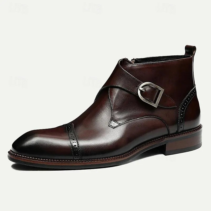 Men's Buckle Strap Ankle Boots - 100% Premium Cowhide Leather with Brogue Detailing - Tokiyos