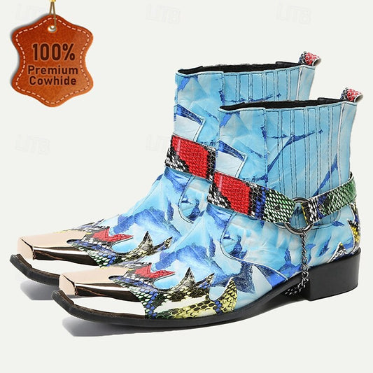 Men's Premium Cowhide Leather Ankle Boots Colorful Snake Print