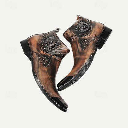 Men's Premium Cowhide Leather Motorcycle Boots with Studded Design, Brown Gradient Finish, and Metallic Detailing - Perfect for Biker Style and Casual Outfits