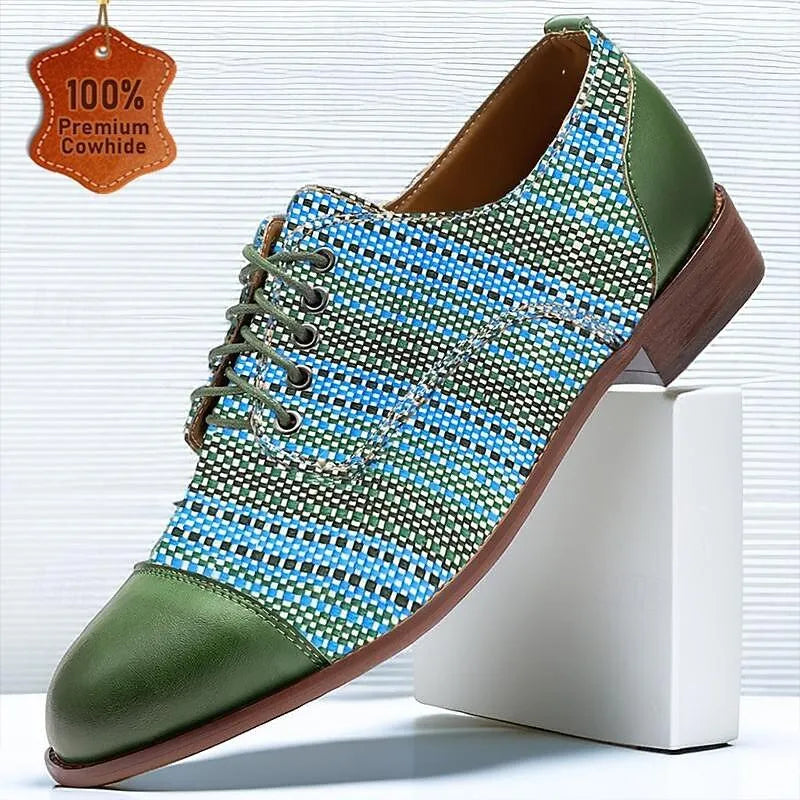 Men's Dress Shoes Green Blue Woven Fabric Lace-up Design - Tokiyos