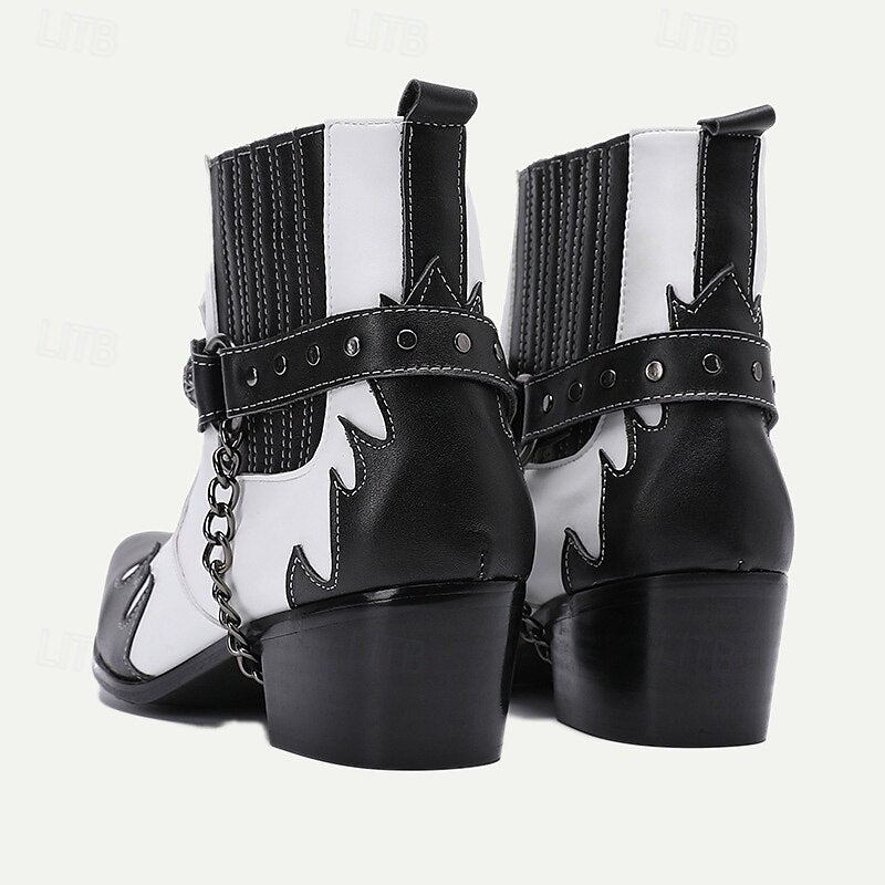 Men's Premium Cowhide Black and White Motorcycle Boots with Studded Strap, Chain Detail, and Western Style - Perfect for Riding and Casual Wear