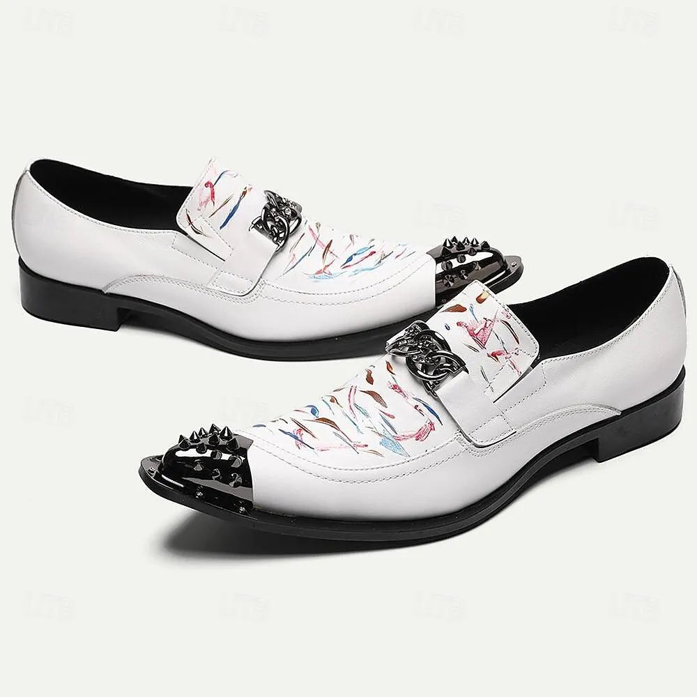 Men's White Leather Loafers with Colorful Print and Spiked Details - Tokiyos