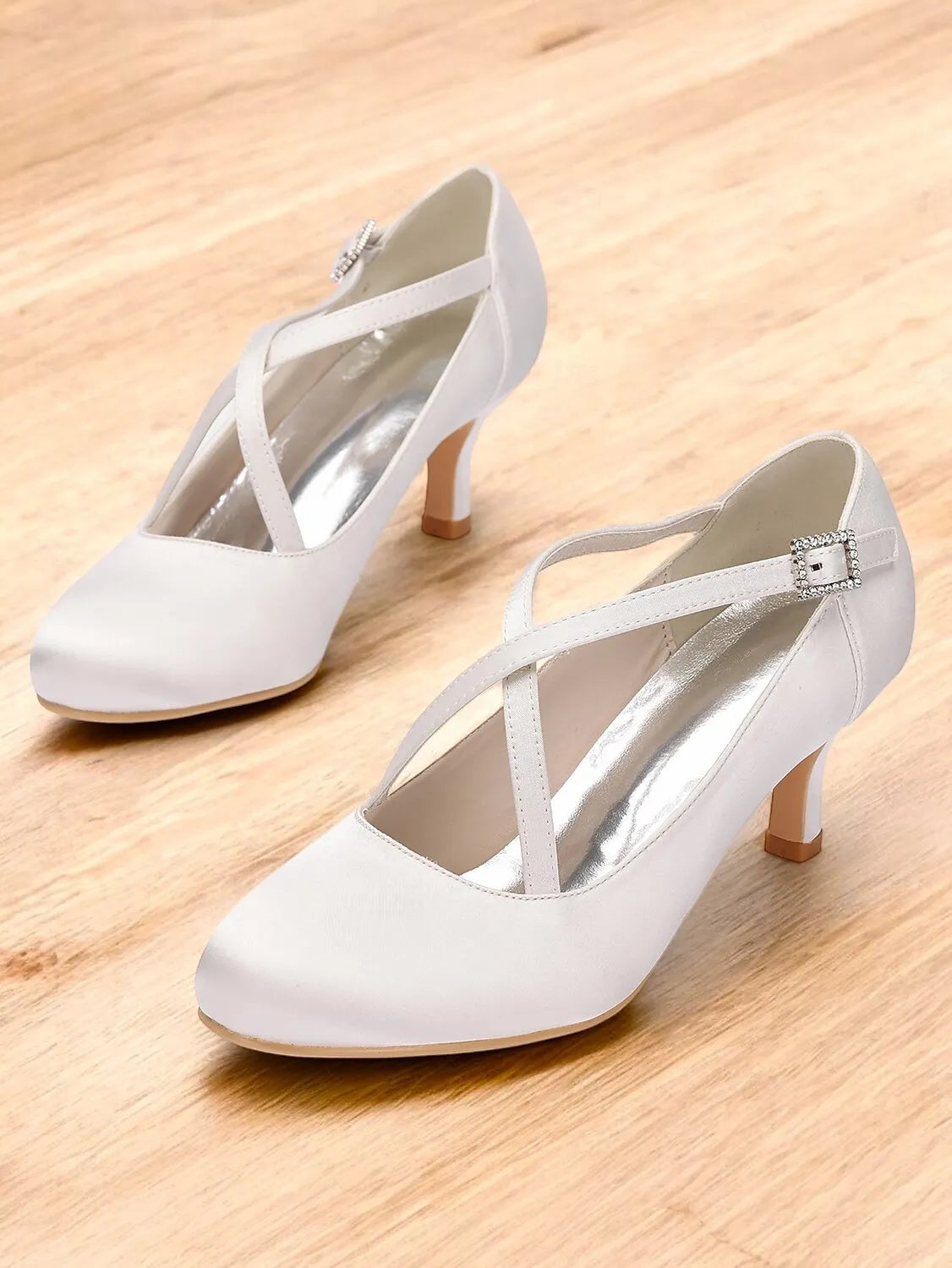 White Satin Cross-Strap Heels with Rhinestone Buckle – Elegant Women's Wedding Shoes for Brides and Formal Occasions