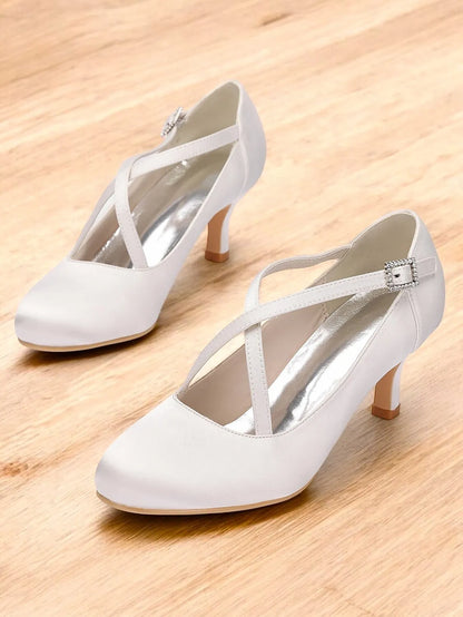 White Satin Cross-Strap Heels with Rhinestone Buckle – Elegant Women's Wedding Shoes for Brides and Formal Occasions