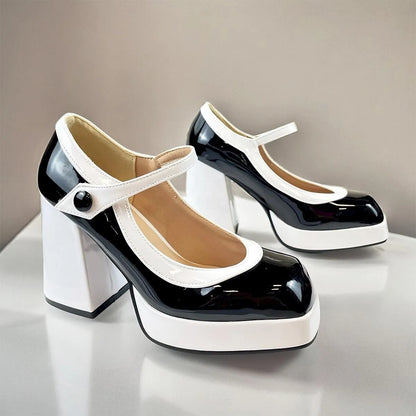 Black and White Platform Mary Jane Heels with Strap for Women - Tokiyos