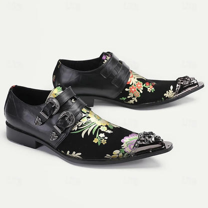 Men's Black Leather Dress Shoes with Floral Embroidery and Metal Buckles - Elegant Formal Footwear - Tokiyos