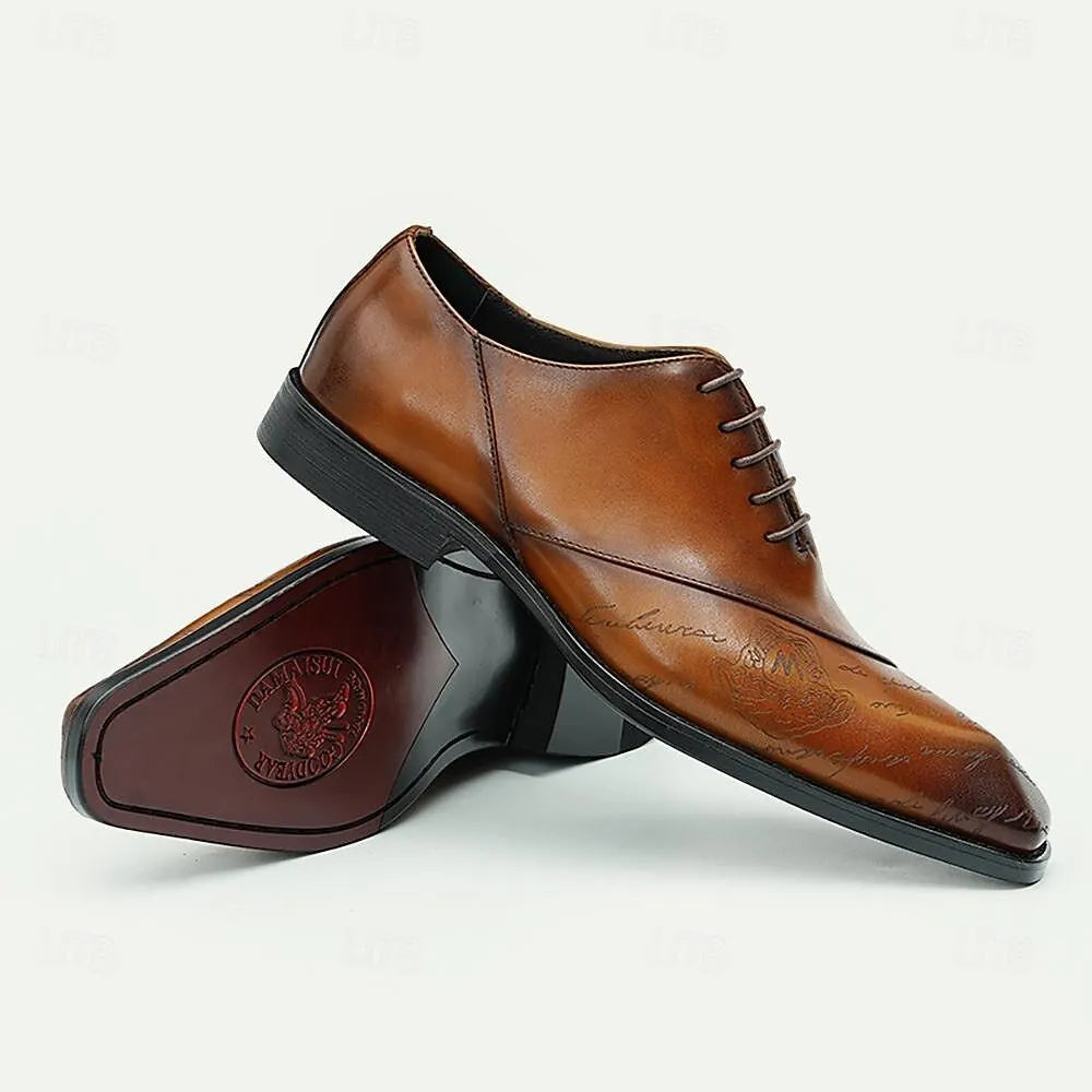 Men's Brown Leather Lace-Up Dress Shoes with Embossed - Tokiyos