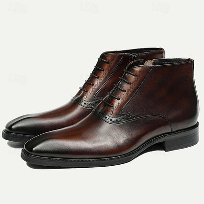 Men's Vintage Brown Leather Ankle Boots - Side Zipper, Lace-Up Design