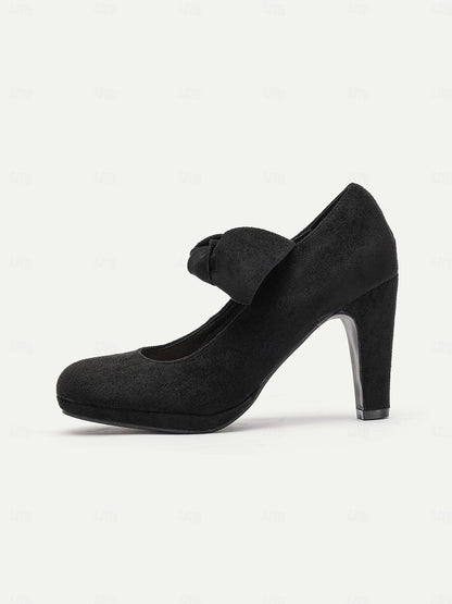 Women's Black Suede Bow Heels-Elegant Round-Toe Platform Pumps for Formal Events and Parties