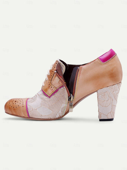 Women's Vintage Floral Lace-Up Heeled Oxford Shoes-Leather Brogue Design with Pink Accents for Retro and Chic Styles