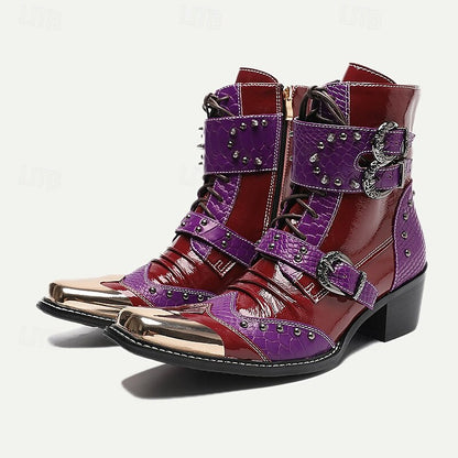 Men's Premium Cowhide Studded Motorcycle Boots - Bold Red and Purple Design with Buckles and Metallic Toe Cap