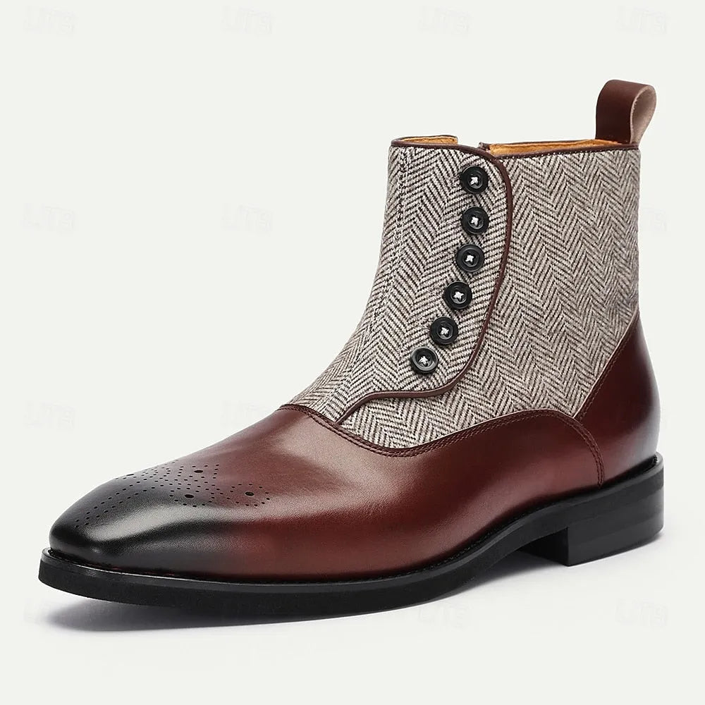 Men's Herringbone Tweed and Premium Cowhide Button-Up Brogue Ankle Boots